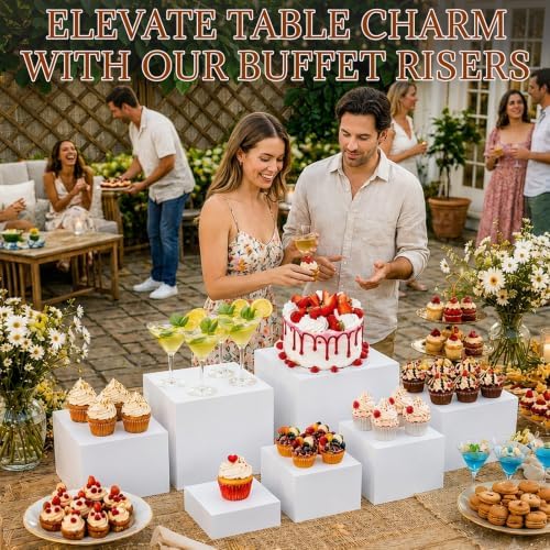 10 Pcs Buffet Risers with Mini Sign and Maker Serving Tongs Cake Cutter, White Acrylic Food Display Stands for, alternate