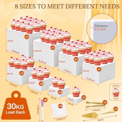 10 Pcs Buffet Risers with Mini Sign and Maker Serving Tongs Cake Cutter, White Acrylic Food Display Stands for, alternate