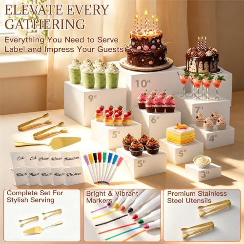 10 Pcs Buffet Risers with Mini Sign and Maker Serving Tongs Cake Cutter, White Acrylic Food Display Stands for, alternate