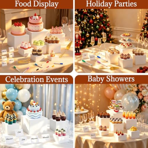 10 Pcs Buffet Risers with Mini Sign and Maker Serving Tongs Cake Cutter, White Acrylic Food Display Stands for, alternate