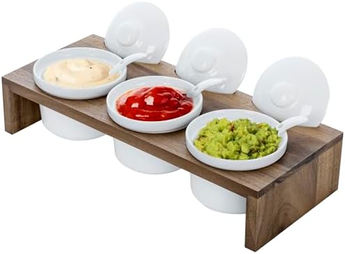 10 Pcs Condiment Pot Serving Dish Set, Hosting Essentials, Premium Acacia Solid Wood Raised Display Server Tray