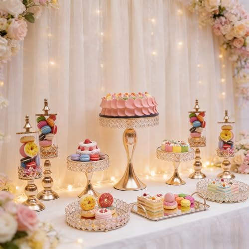 10 Pcs Crystal Gold Cake Stand Set, Elegant Dessert Display Stands Tray Round Cupcake Stand with Mirror Plate, alternate view