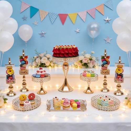 10 Pcs Crystal Gold Cake Stand Set, Elegant Dessert Display Stands Tray Round Cupcake Stand with Mirror Plate, alternate view
