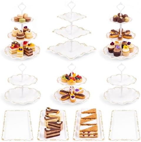 10 Pcs Cupcake Stand, Dessert Table Display Set with Gold Rim,3 x Three-Tier and 3 x Two-Tier Cake Stands,4 x