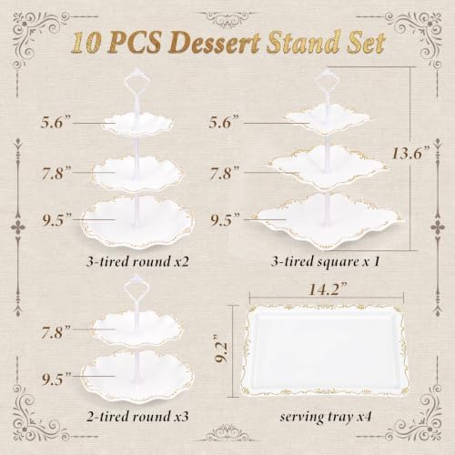 10 Pcs Cupcake Stand, Dessert Table Display Set with Gold Rim,3 x Three-Tier and 3 x Two-Tier Cake Stands,4 x, alternate view