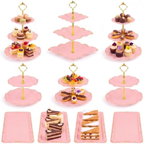 10 Pcs Cupcake Stand, Dessert Table Display Set with Gold Rim, 3 x Three-Tier and 3 x Two-Tier Cake Stands,4 x