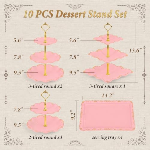 10 Pcs Cupcake Stand, Dessert Table Display Set with Gold Rim, 3 x Three-Tier and 3 x Two-Tier Cake Stands,4 x, alternate
