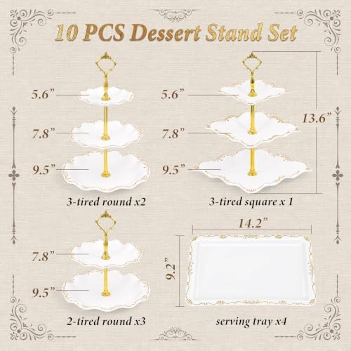 10 Pcs Cupcake Stand, Dessert Table Display Set with Gold Rim, 3 x Three-Tier and 3 x Two-Tier Cake Stands,4 x, alternate