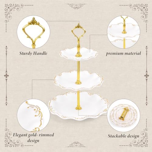 10 Pcs Cupcake Stand, Dessert Table Display Set with Gold Rim, 3 x Three-Tier and 3 x Two-Tier Cake Stands,4 x, alternate