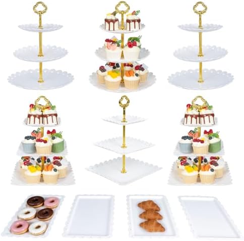 10 Pcs Dessert Set, 6 Three-Tier Cupcake Stands, 4 Serving Trays in white