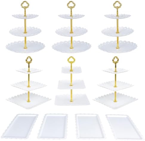 10 Pcs Dessert Set, 6 Three-Tier Cupcake Stands, 4 Serving Trays in white, alternate view 4