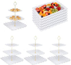 10 Pcs Dessert Table Display Set with 4 Lace Square 3-Tier Cake Stands and 6 Appetizer Trays, White Serving