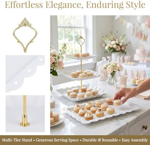 10 Pcs Dessert Table Display Set with 4 Lace Square 3-Tier Cake Stands and 6 Appetizer Trays, White Serving, alternate view 5