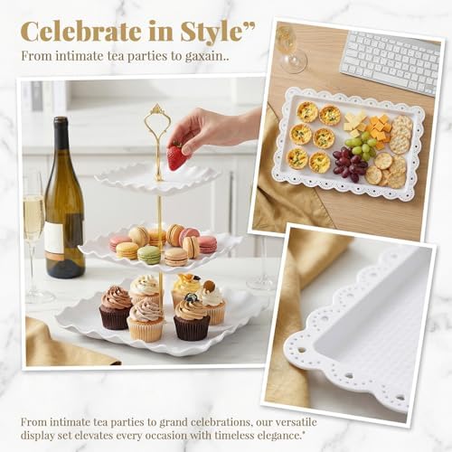 10 Pcs Dessert Table Display Set with 4 Lace Square 3-Tier Cake Stands and 6 Appetizer Trays, White Serving, alternate view 6