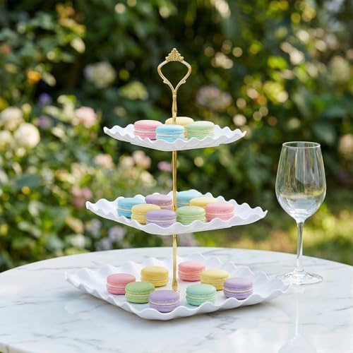 10 Pcs Dessert Table Display Set with 4 Lace Square 3-Tier Cake Stands and 6 Appetizer Trays, White Serving, alternate view 7