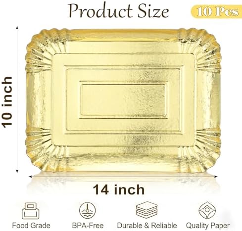 10 PCS Disposable Paper Serving Trays, Heavy Duty Rectangle Paper Plates in Gold, alternate view 3