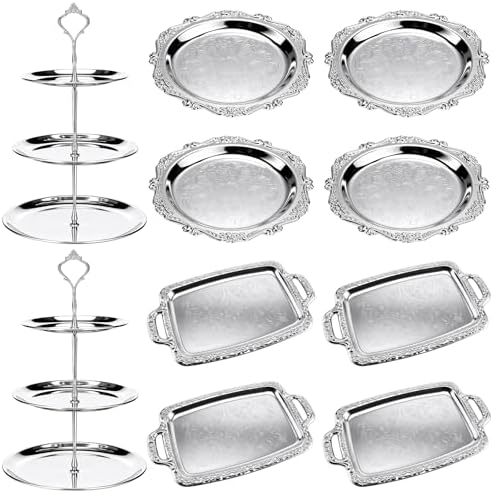 10 Pcs Elegant Silver Serving Tray Set Vintage Three Tiered Tray in Silver