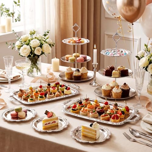 10 Pcs Elegant Silver Serving Tray Set Vintage Three Tiered Tray in Silver, alternate view 2