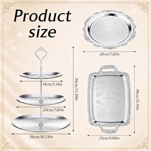 10 Pcs Elegant Silver Serving Tray Set Vintage Three Tiered Tray in Silver, alternate view 3