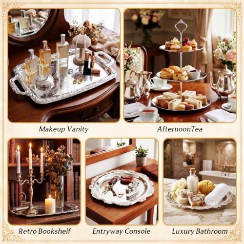 10 Pcs Elegant Silver Serving Tray Set Vintage Three Tiered Tray in Silver, alternate view 6