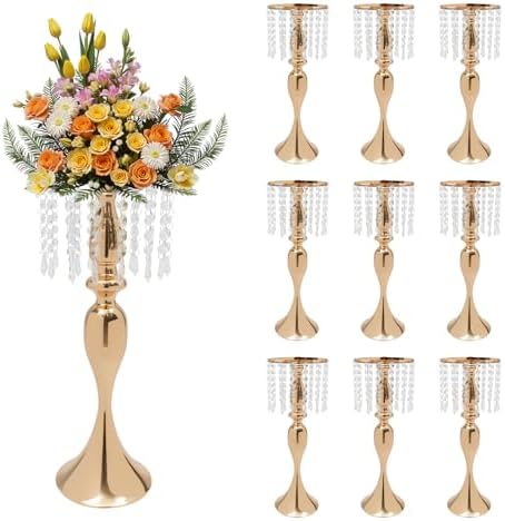 10 PCS Gold Acrylic Vases, Versatile Crystal Wedding Flower Stand, 21.3in Flower Decorative Arrangement Holders