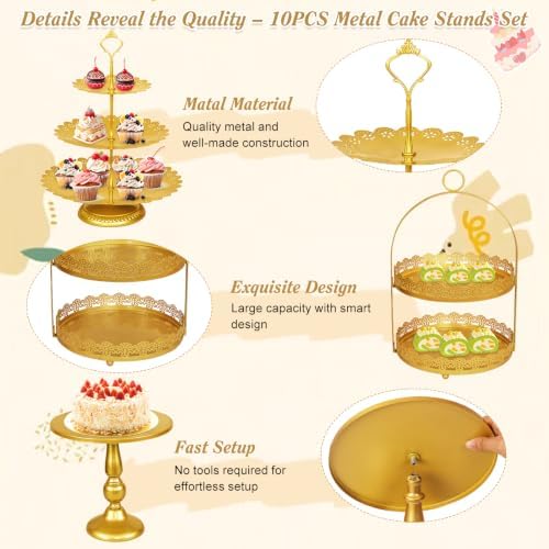 10 Pcs Gold Cake Stand Set Metal Cupcake Stands, Multiple Styles Dessert Display Tower for Candy Fruit, Cake, alternate view