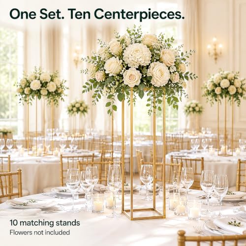 10 Pcs Gold Wedding Flower Vase, Metal Column Flower Holder, 32in/80cm Metal Geometric Centerpieces Vase for, alternate view