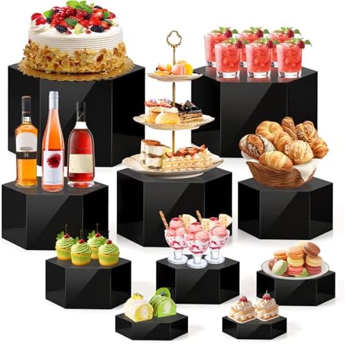 10 Pcs Large Buffet Risers for Table, 4 to 12 in, Black in about 6 x 6 x 2 inches, 7 x 7 x 4 inches, 8 x 8 x 6
