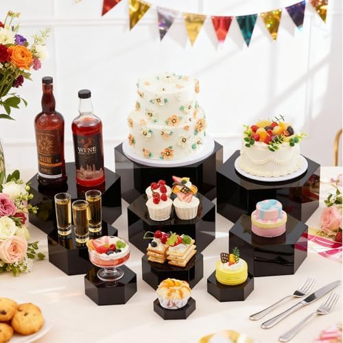 10 Pcs Large Buffet Risers for Table, 4 to 12 in, Black in about 6 x 6 x 2 inches, 7 x 7 x 4 inches, 8 x 8 x 6, alternate