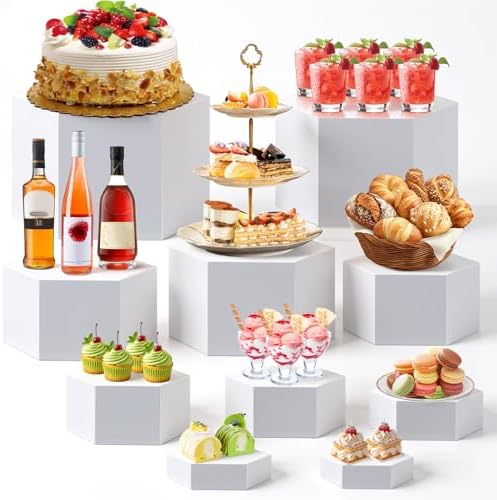 10 Pcs Large Buffet Risers for Table, 4 to 12 in, White in about 6 x 6 x 2 inches, 7 x 7 x 4 inches, 8 x 8 x 6