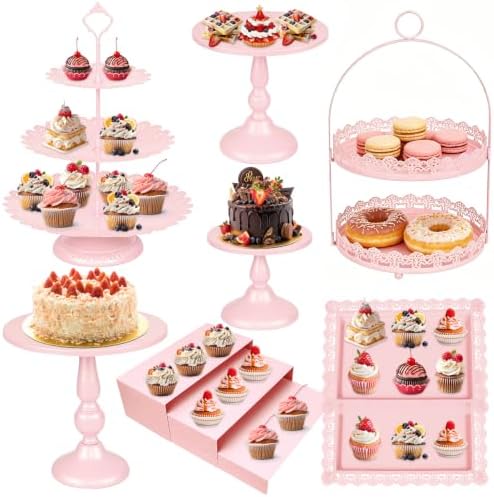 10 Pcs Pink Cake Stand Set Metal Cupcake Stands, Multiple Styles Dessert Display Tower for Candy Fruit, Cake