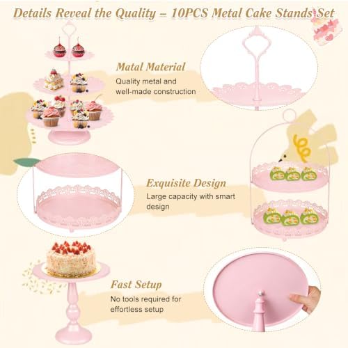 10 Pcs Pink Cake Stand Set Metal Cupcake Stands, Multiple Styles Dessert Display Tower for Candy Fruit, Cake, alternate view