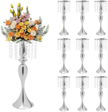 10 PCS Silver Acrylic Vases, Versatile Crystal Wedding Flower Stand, 21.3in Flower Decorative Arrangement
