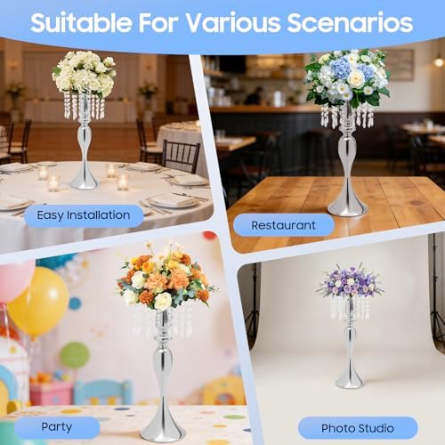 10 PCS Silver Acrylic Vases, Versatile Crystal Wedding Flower Stand, 21.3in Flower Decorative Arrangement, alternate view 3