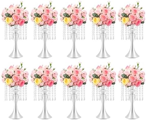 10 PCS Silver Acrylic Vases, Versatile Crystal Wedding Flower Stands, 13.7in Flower Decorative Arrangement