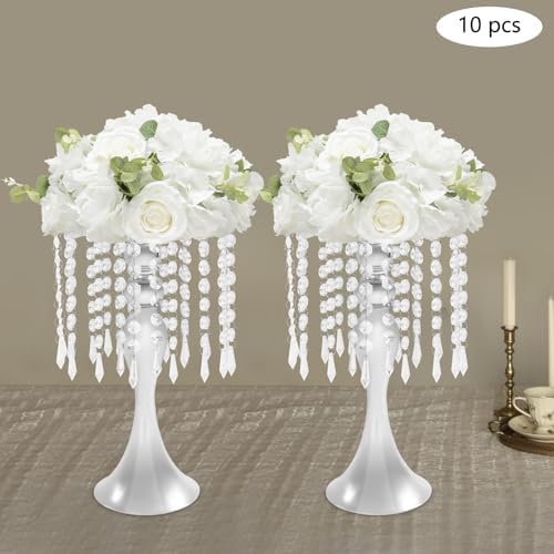 10 Pcs Silver Flower Vase, Wedding Centerpiece with Hanging Crystal, Flower Stand Arrangement for Wedding, alternate view 6