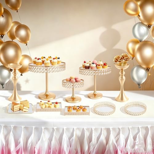 10 Pcs Wedding Cake Stand Set Dessert Table Display Set, Gold Tempered Glass Metal Cupcake Tray Candy Fruit, alternate view 2