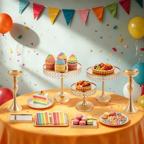 10 Pcs Wedding Cake Stand Set Dessert Table Display Set, Gold Tempered Glass Metal Cupcake Tray Candy Fruit, alternate view 7