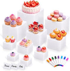 10-Piece White Acrylic Buffet Risers with Signs for Dessert Table in White