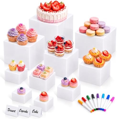 10-Piece White Acrylic Buffet Risers with Signs for Dessert Table in White