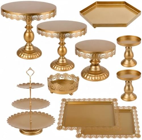 10 Pieces Gold Dessert Table Display Set, Metal Cake Stand Set with Lace Edge Pedestal, Cupcake Stands and Treat