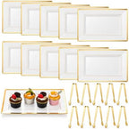 10 Sets Plastic Serving Trays with 10 Stainless Steel Tongs - White & Gold Rim Elegant Disposable Serving