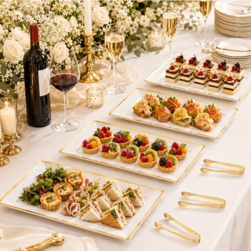 10 Sets Plastic Serving Trays with 10 Stainless Steel Tongs - White & Gold Rim Elegant Disposable Serving, alternate view 2