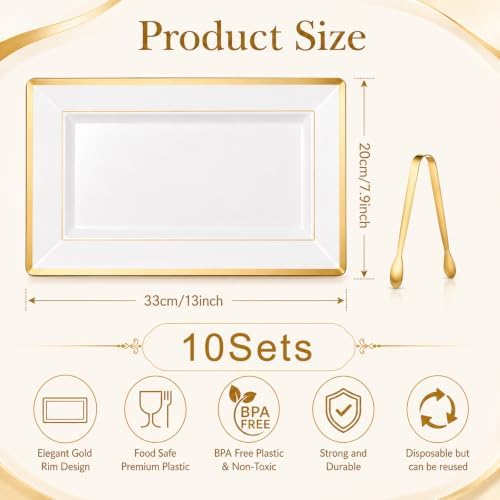 10 Sets Plastic Serving Trays with 10 Stainless Steel Tongs - White & Gold Rim Elegant Disposable Serving, alternate view 3