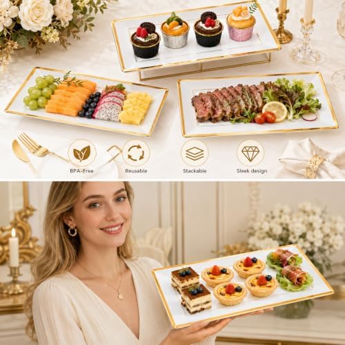 10 Sets Plastic Serving Trays with 10 Stainless Steel Tongs - White & Gold Rim Elegant Disposable Serving, alternate view 5
