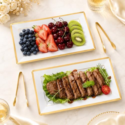 10 Sets Plastic Serving Trays with 10 Stainless Steel Tongs - White & Gold Rim Elegant Disposable Serving, alternate view 6