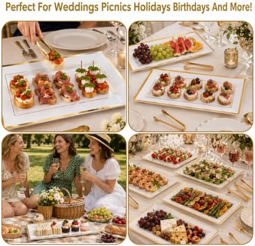 10 Sets Plastic Serving Trays with 10 Stainless Steel Tongs - White & Gold Rim Elegant Disposable Serving, alternate view 7