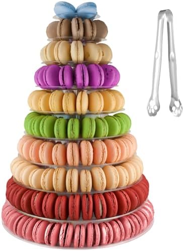 10-Tier Clear Macaron Display Stand, Plastic Macaron Tray Tower with Stainless Steel Serving Tongs, Clear Round