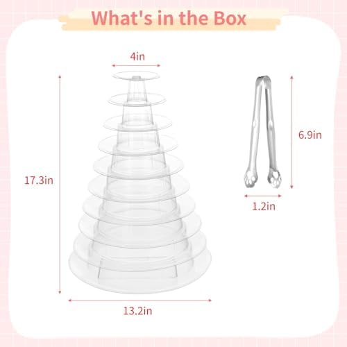 10-Tier Clear Macaron Display Stand, Plastic Macaron Tray Tower with Stainless Steel Serving Tongs, Clear Round, alternate