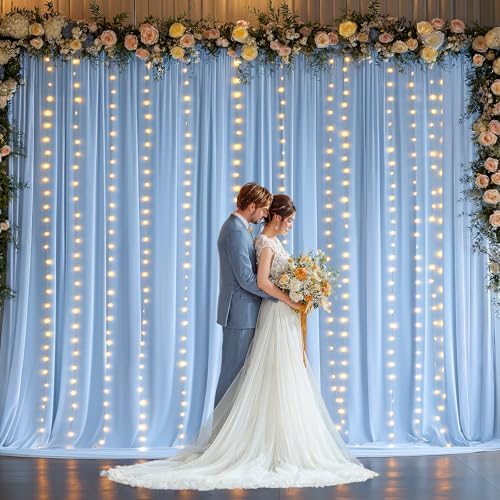 10 x 10 Baby Blue Backdrop Curtains with Lights String for Party in W5' x H10'(2 panels) in Baby Blue, alternate view 2